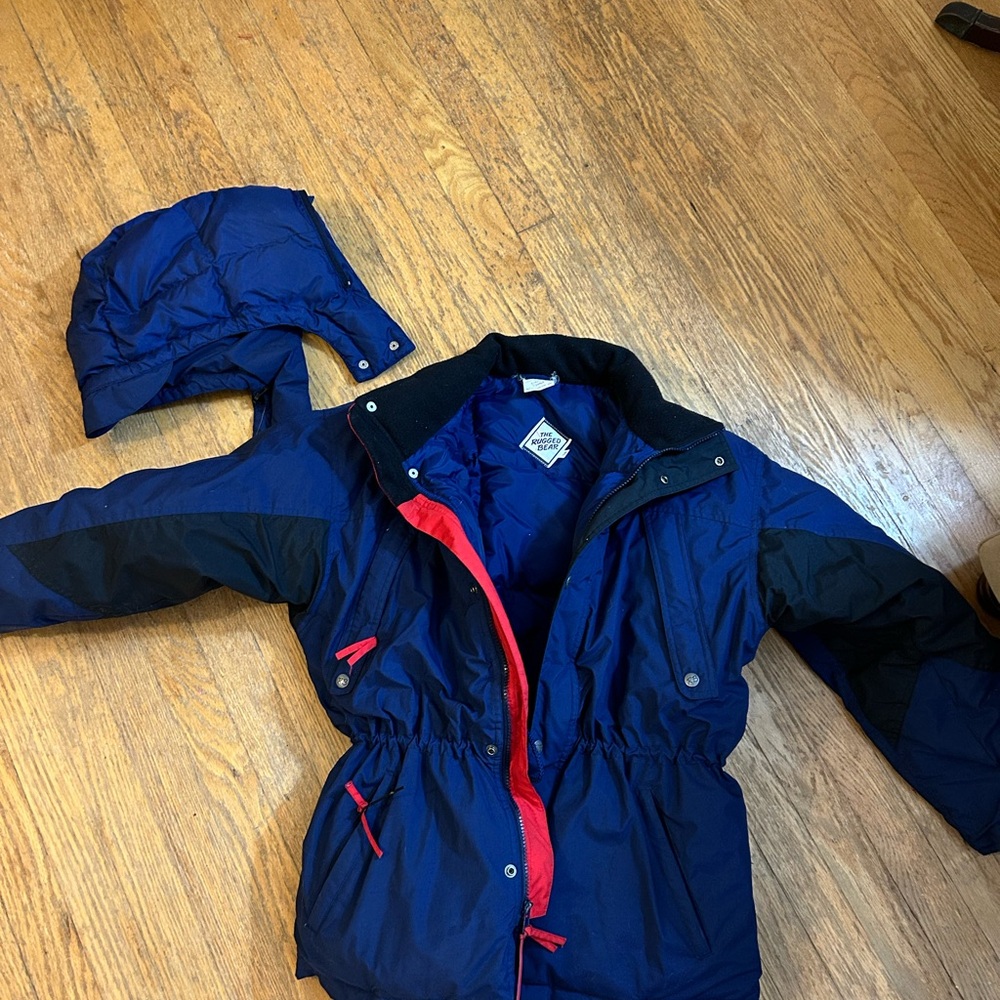 Rugged Bear navy blue winter coat with red accents and detachable hood.  Size 16